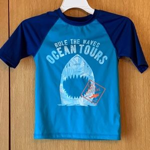 Place 1989 rash guard swim shirt blue RULE THE WAVES great white shark teeth EUC